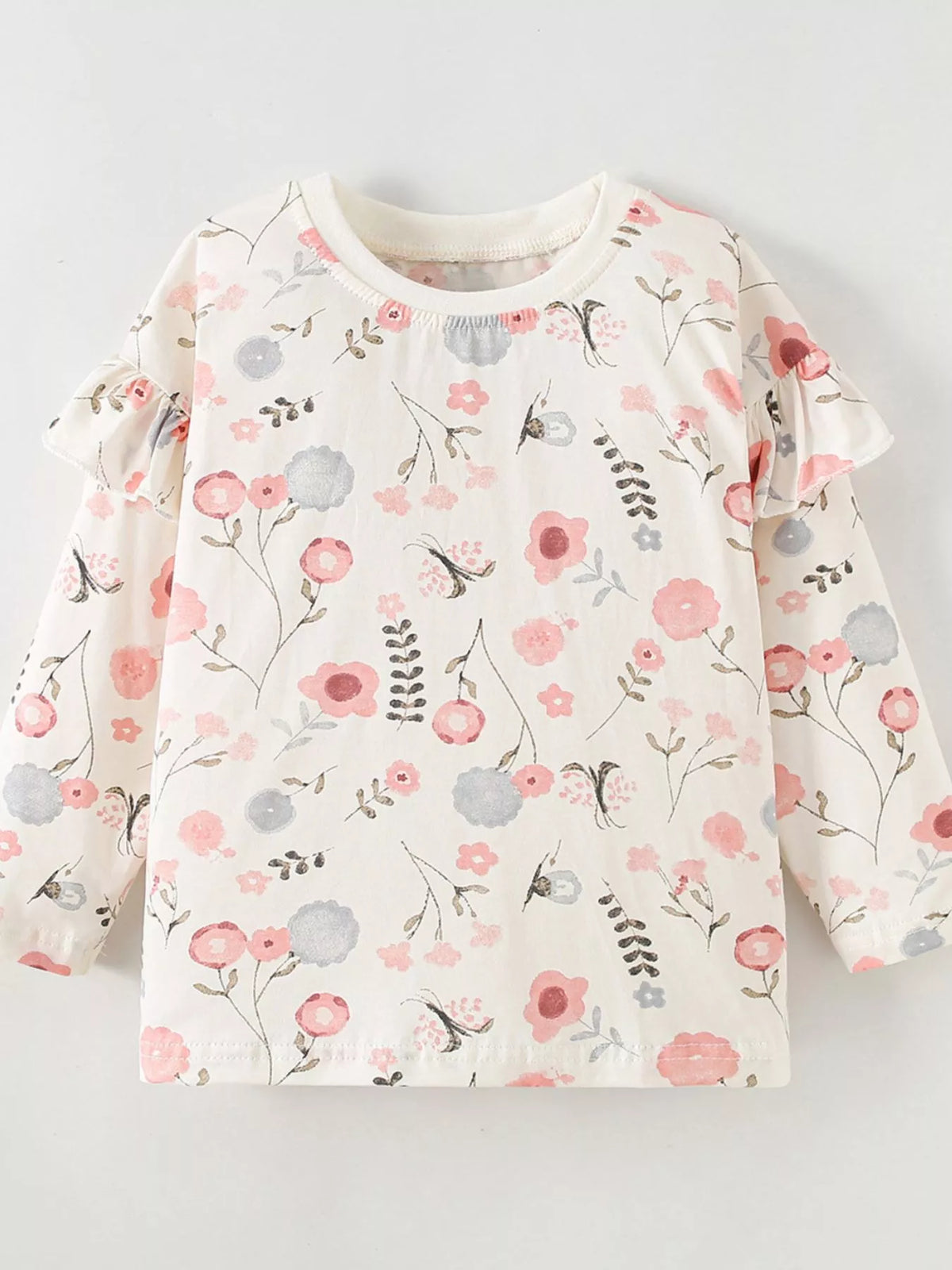 White floral long-sleeve sweatshirt with shoulder ruffles laid flat