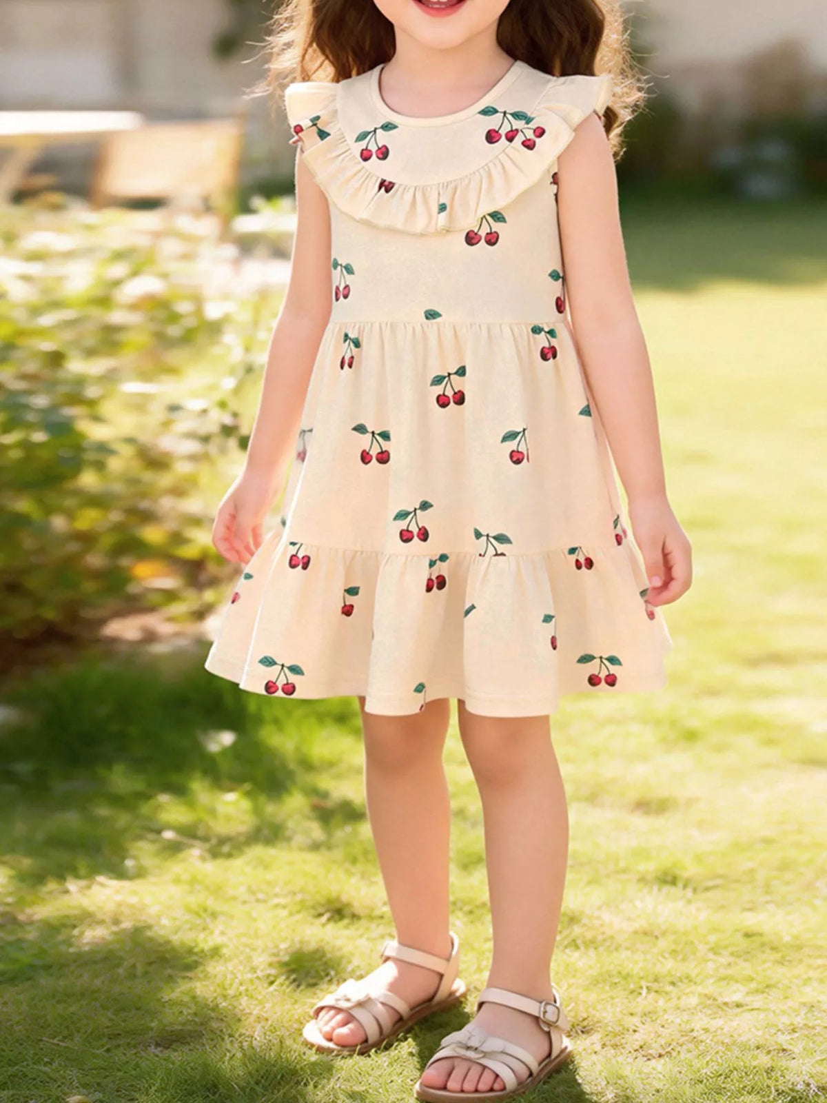 Cream cherry-print sleeveless dress with ruffled trim on a child