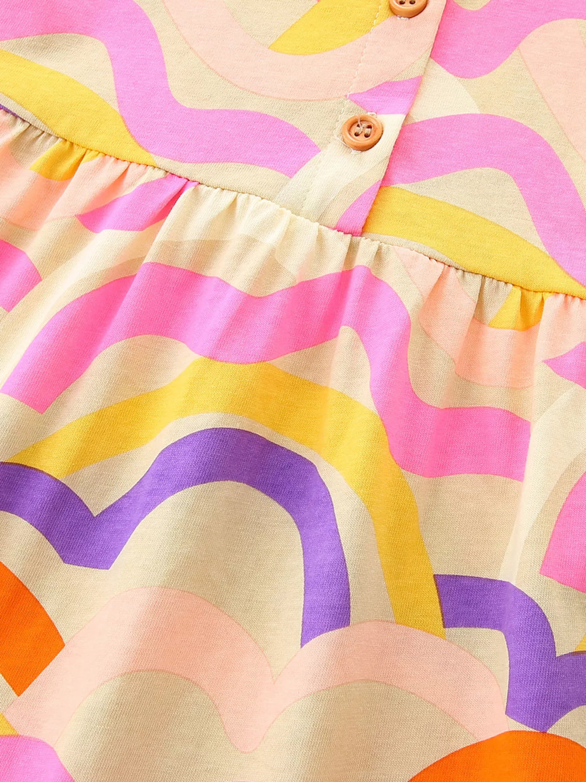 Wavy Rainbow Button-Front Dress — wavy rainbow print and gathered waist