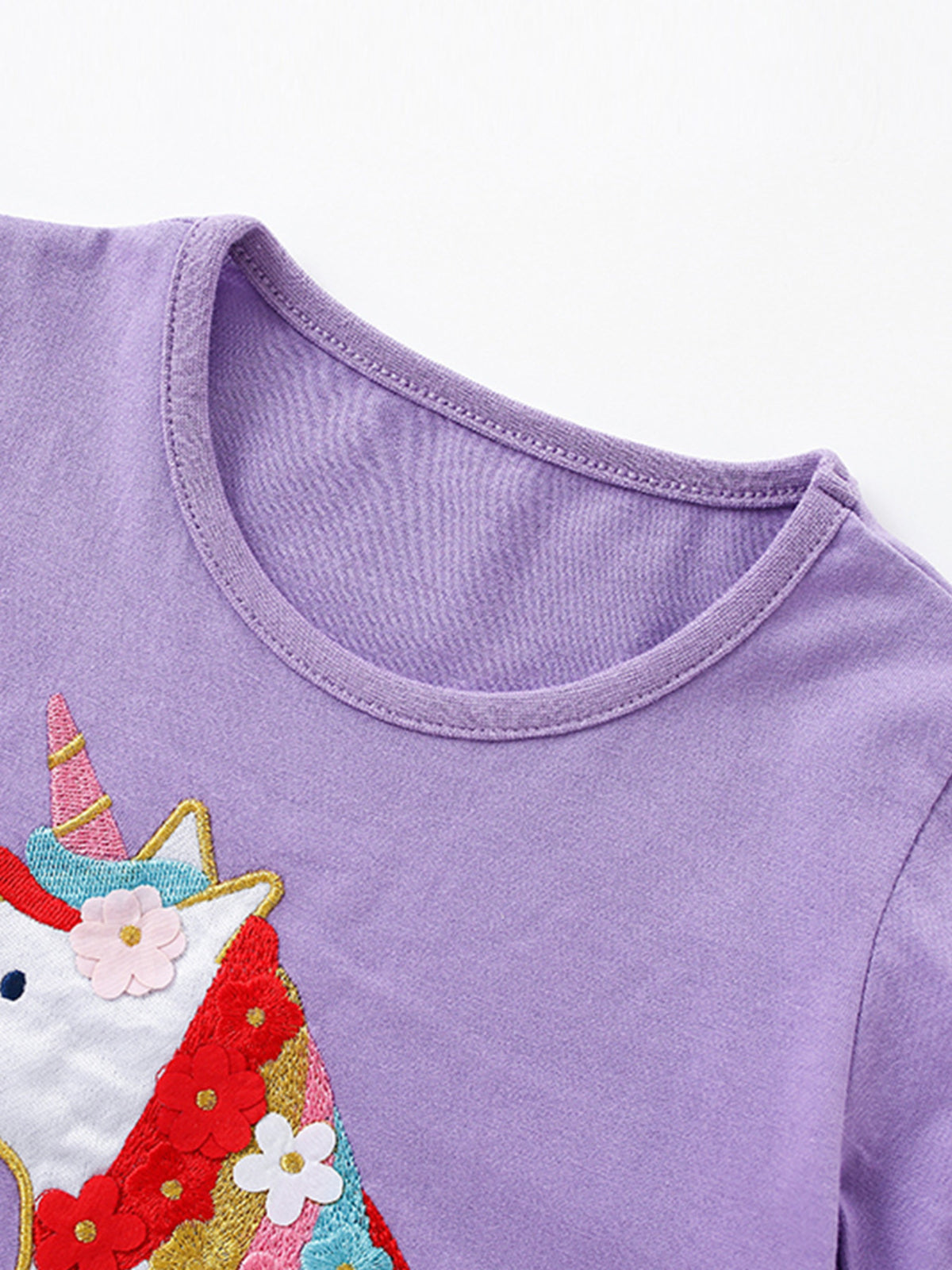 Unicorn and Flower Embroidered Lavender Dress — round neckline