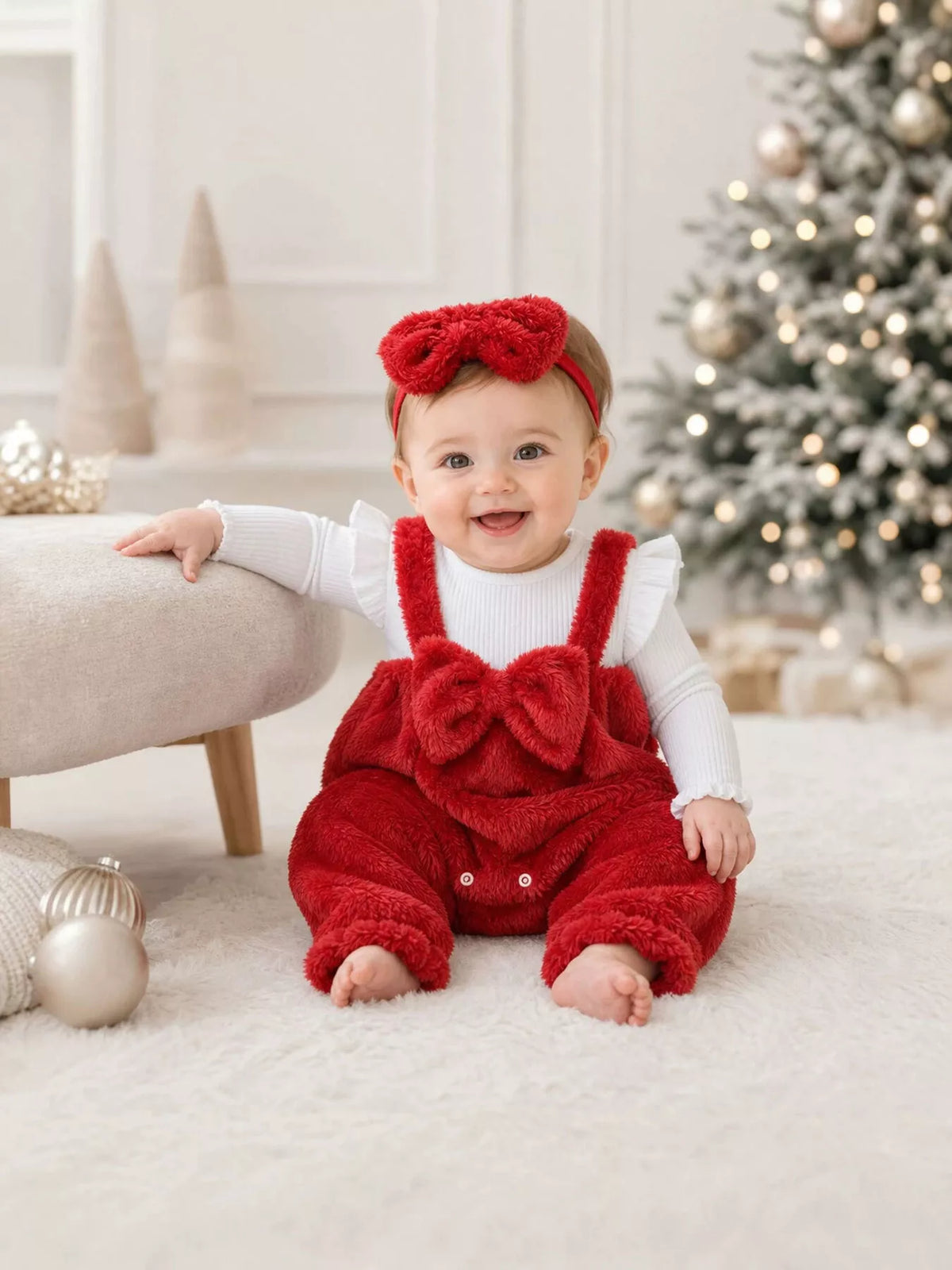 Fuzzy bow overalls outfit with headband — red outfit shown on baby