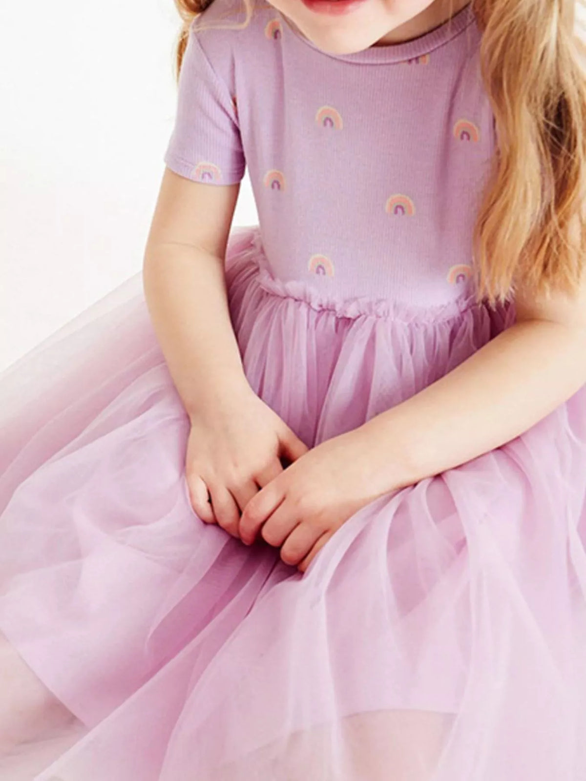 Lavender Rainbow Print Tulle Dress — lavender dress front worn view