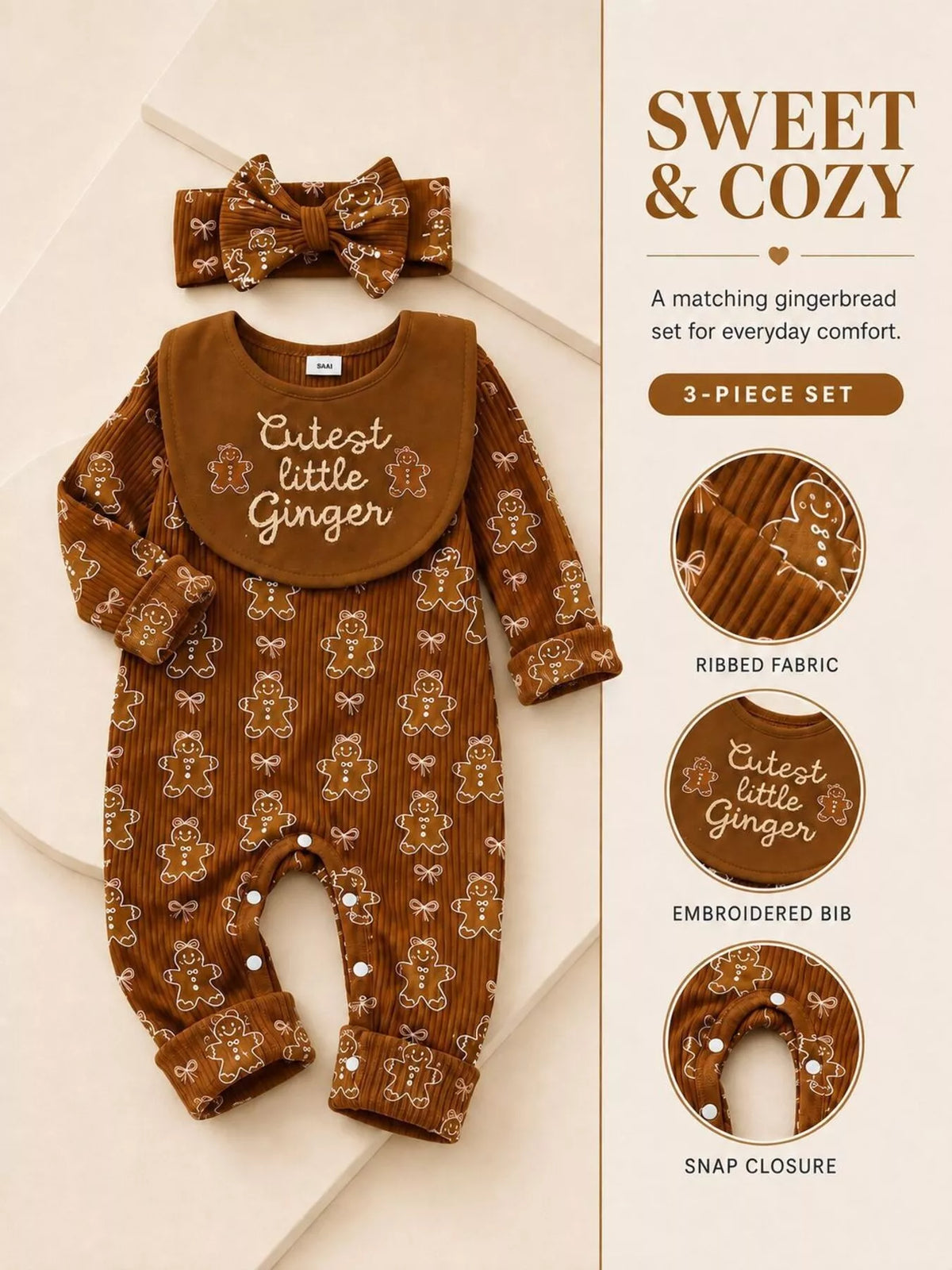 Product card with gingerbread jumpsuit, headband and fabric details