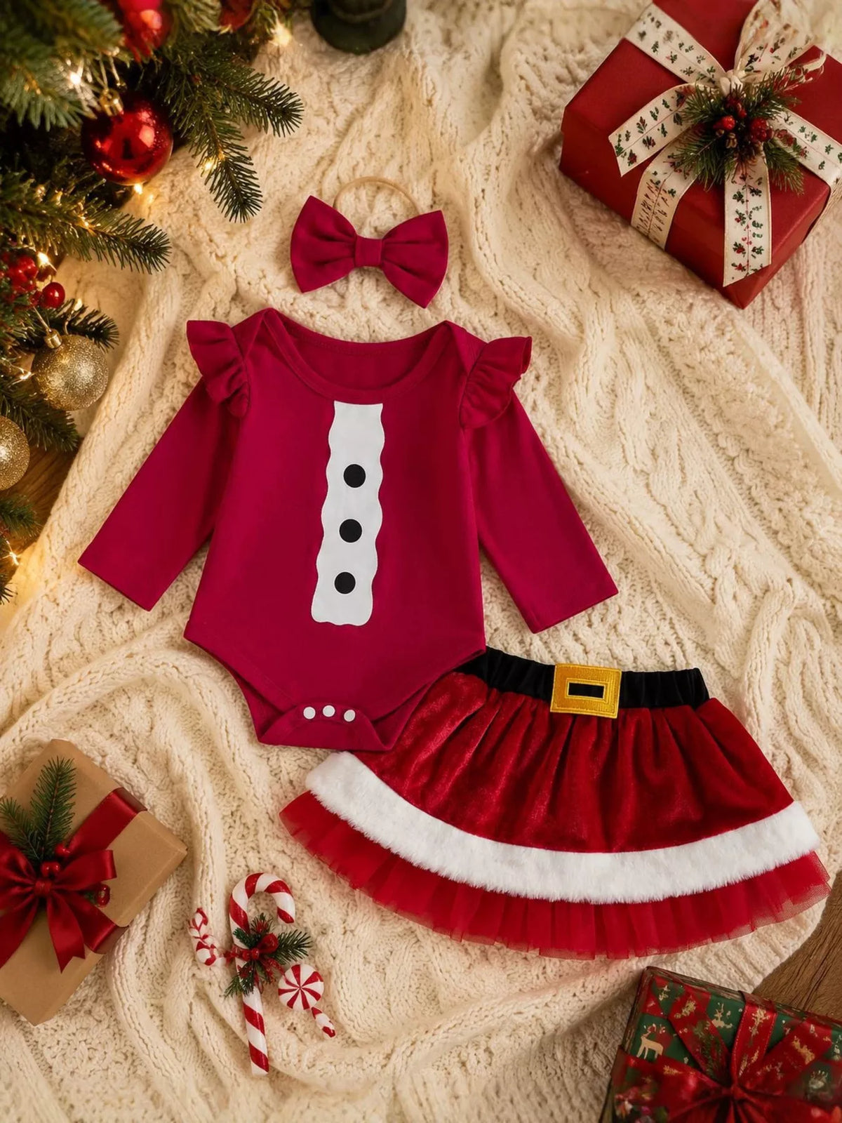 Red Santa-style bodysuit with a matching skirt and bow headband laid flat