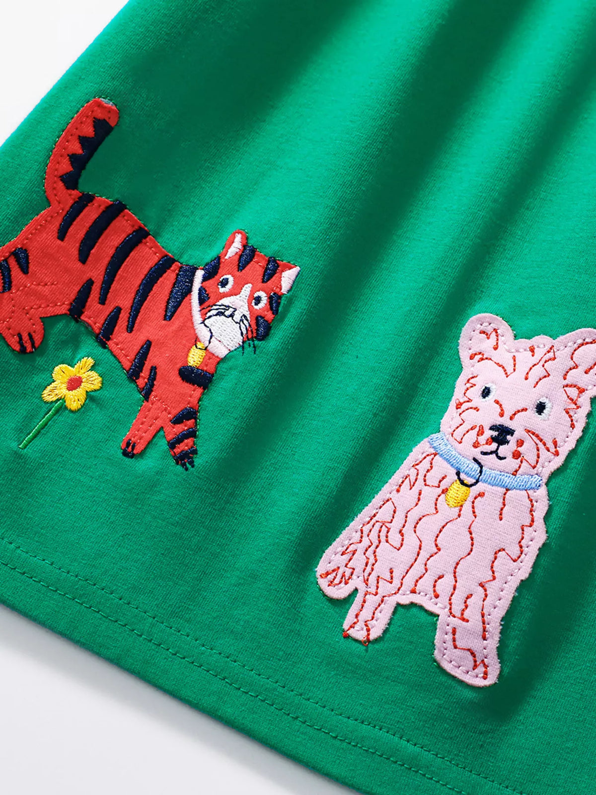 Striped Animal Applique Cotton Dress — cat and dog applique detail