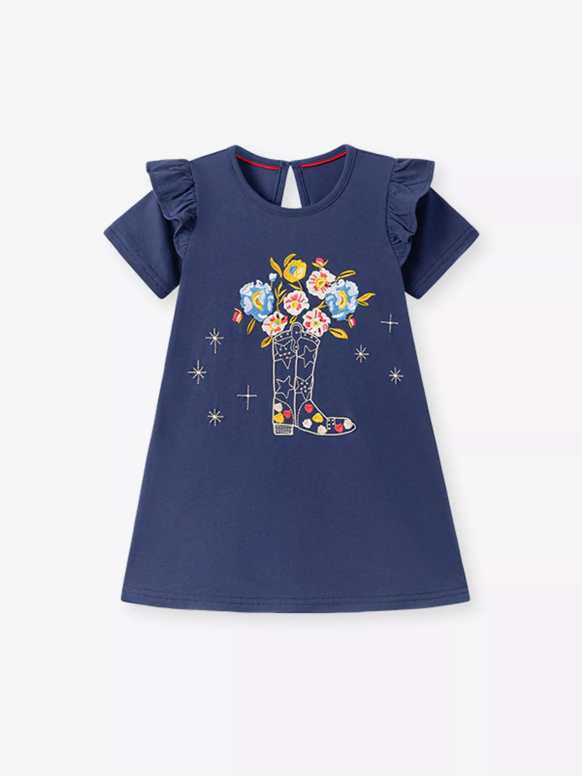 Navy ruffle-sleeve dress with a floral boot graphic laid flat