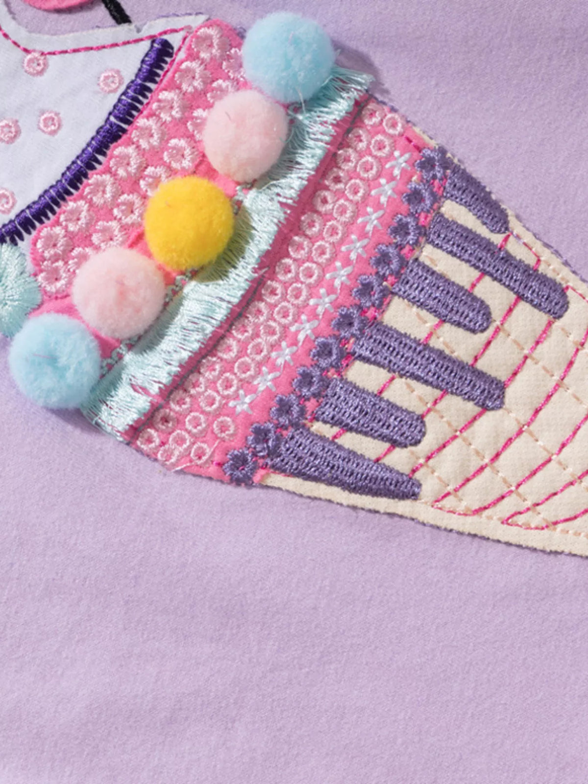 Lavender ice cream applique pompom ruffle hem shirt — ice cream applique with colorful pompoms