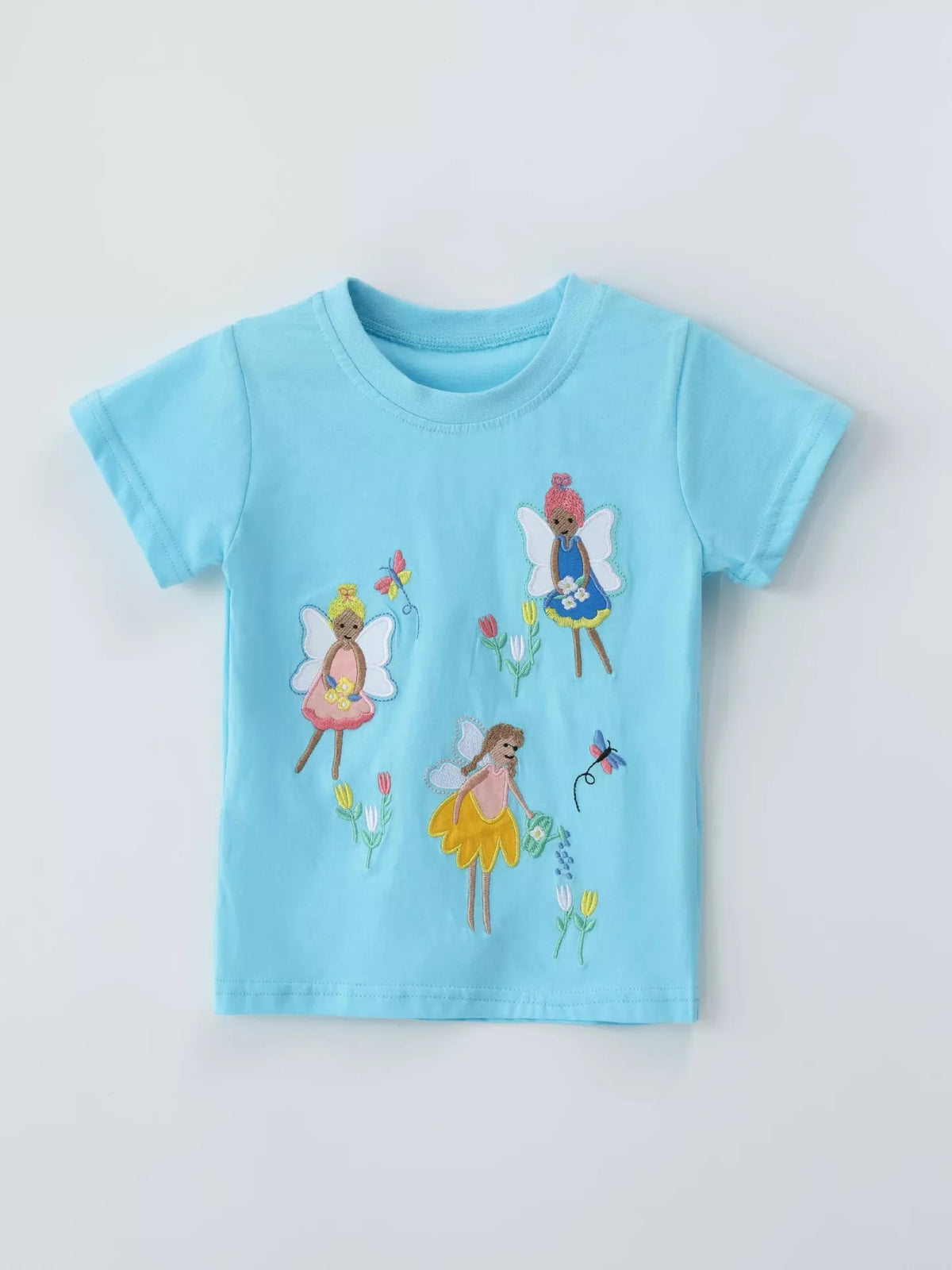 Aqua short-sleeve tee with fairy embroidery laid flat