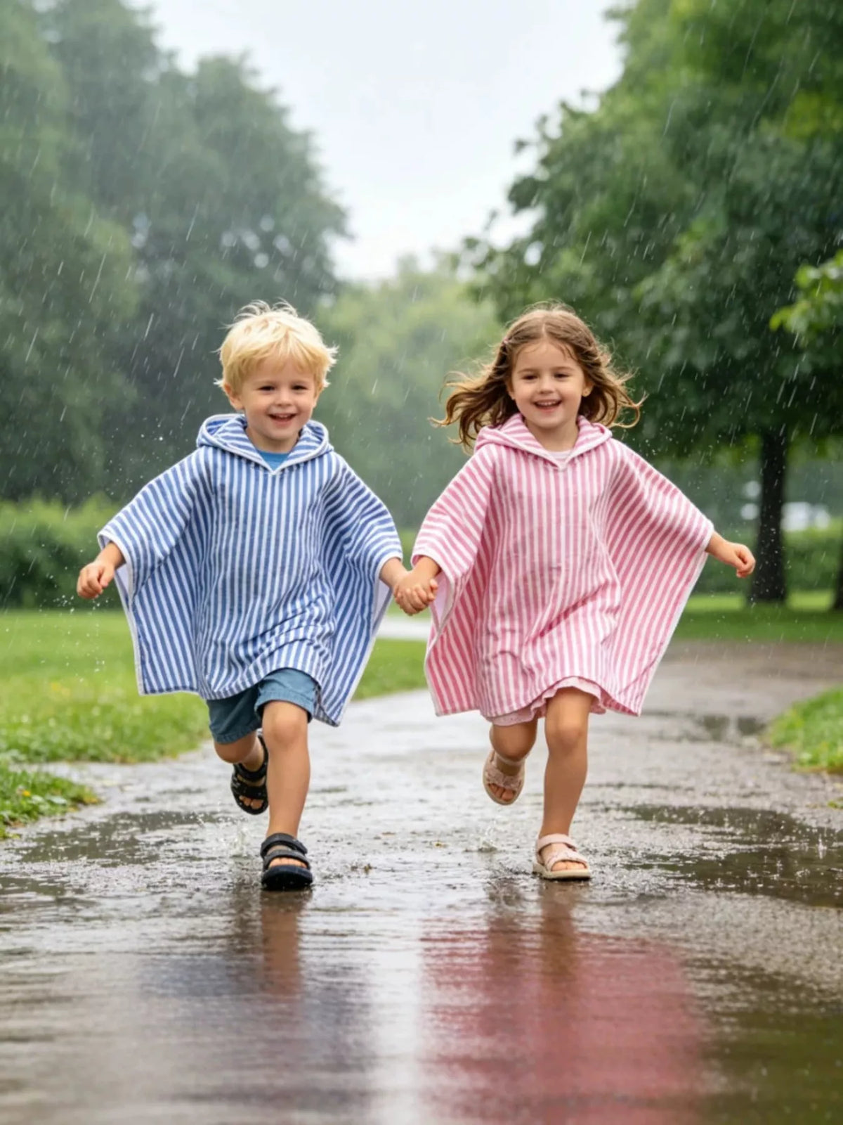 Two children wearing blue and pink striped ponchos outdoors