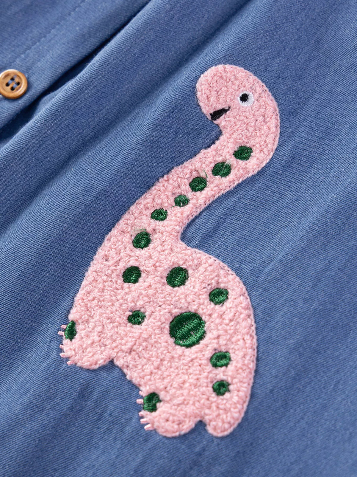 Pink Dinosaur Embroidered Denim Dress — pink dinosaur embroidery