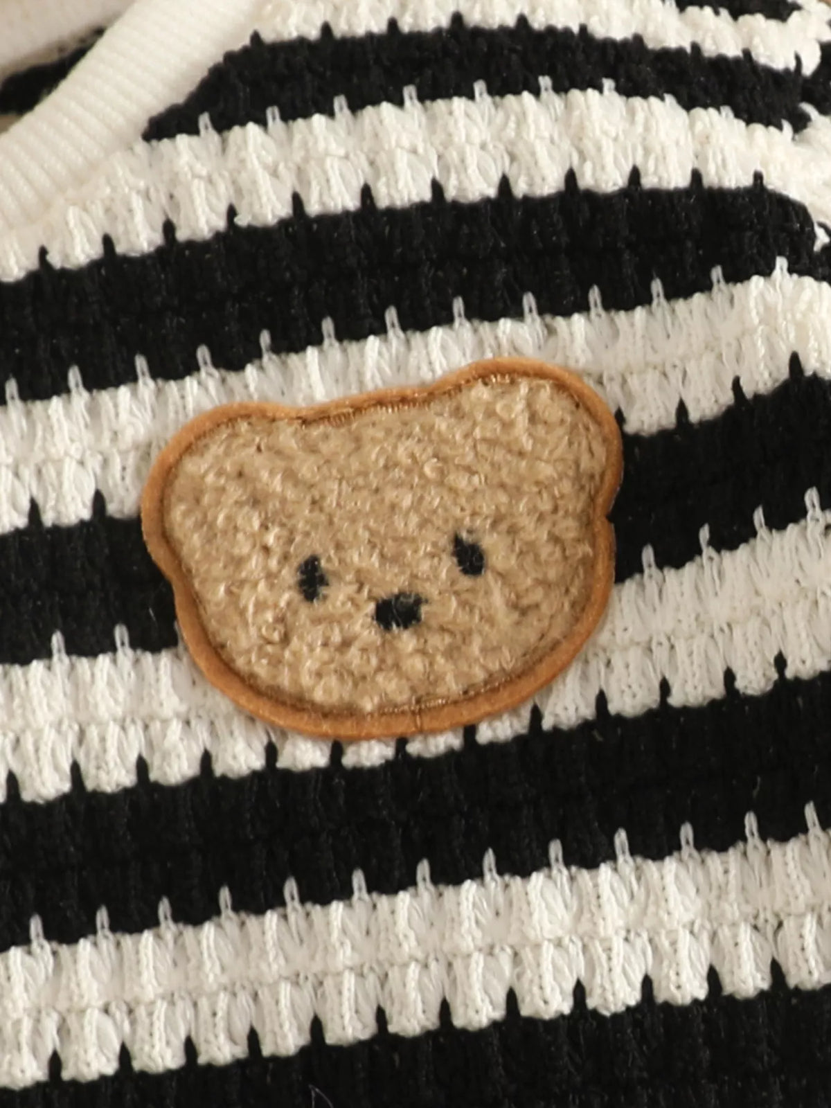 Striped knit bear patch top and pants set — bear patch on black stripes