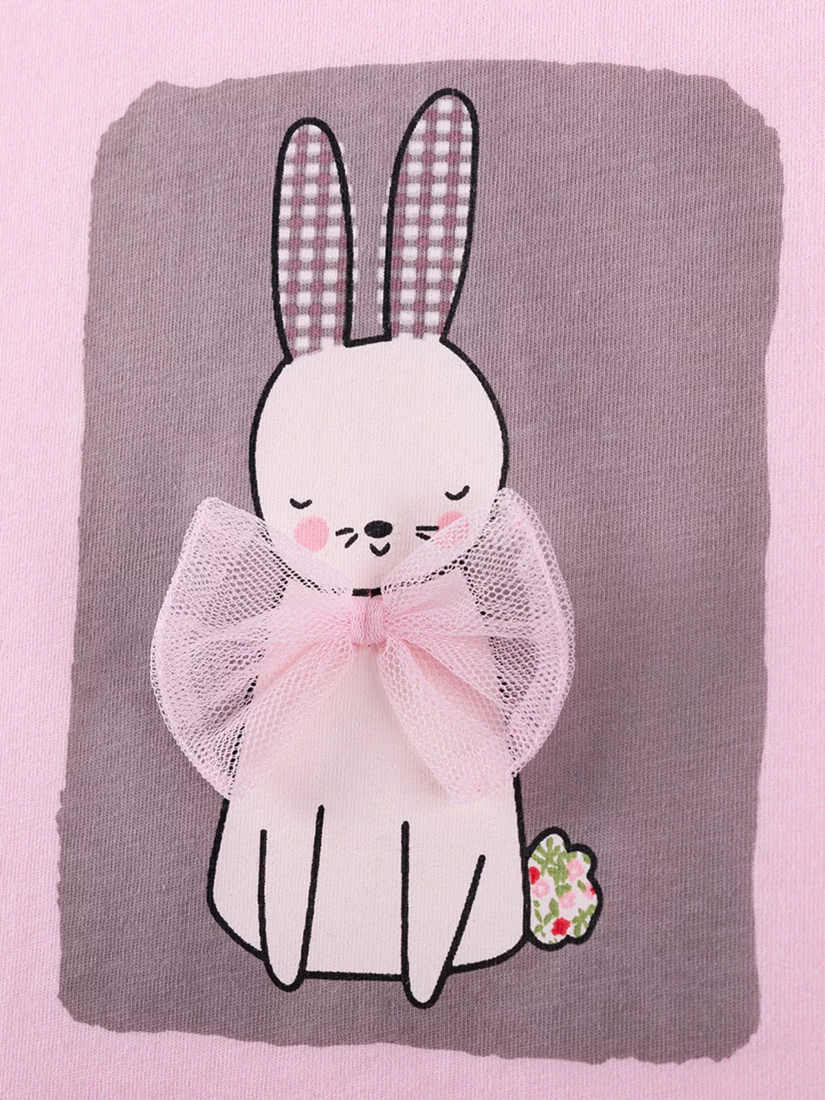 White bunny graphic with checked ears and a tulle bow