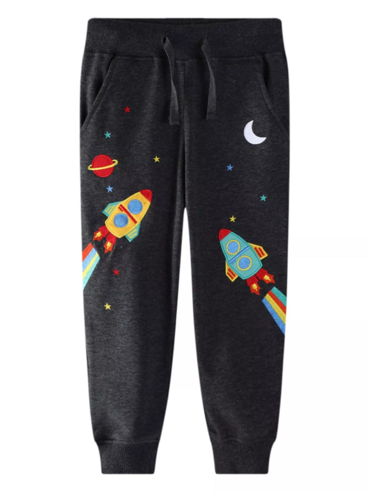 Black space-rocket embroidered joggers laid flat