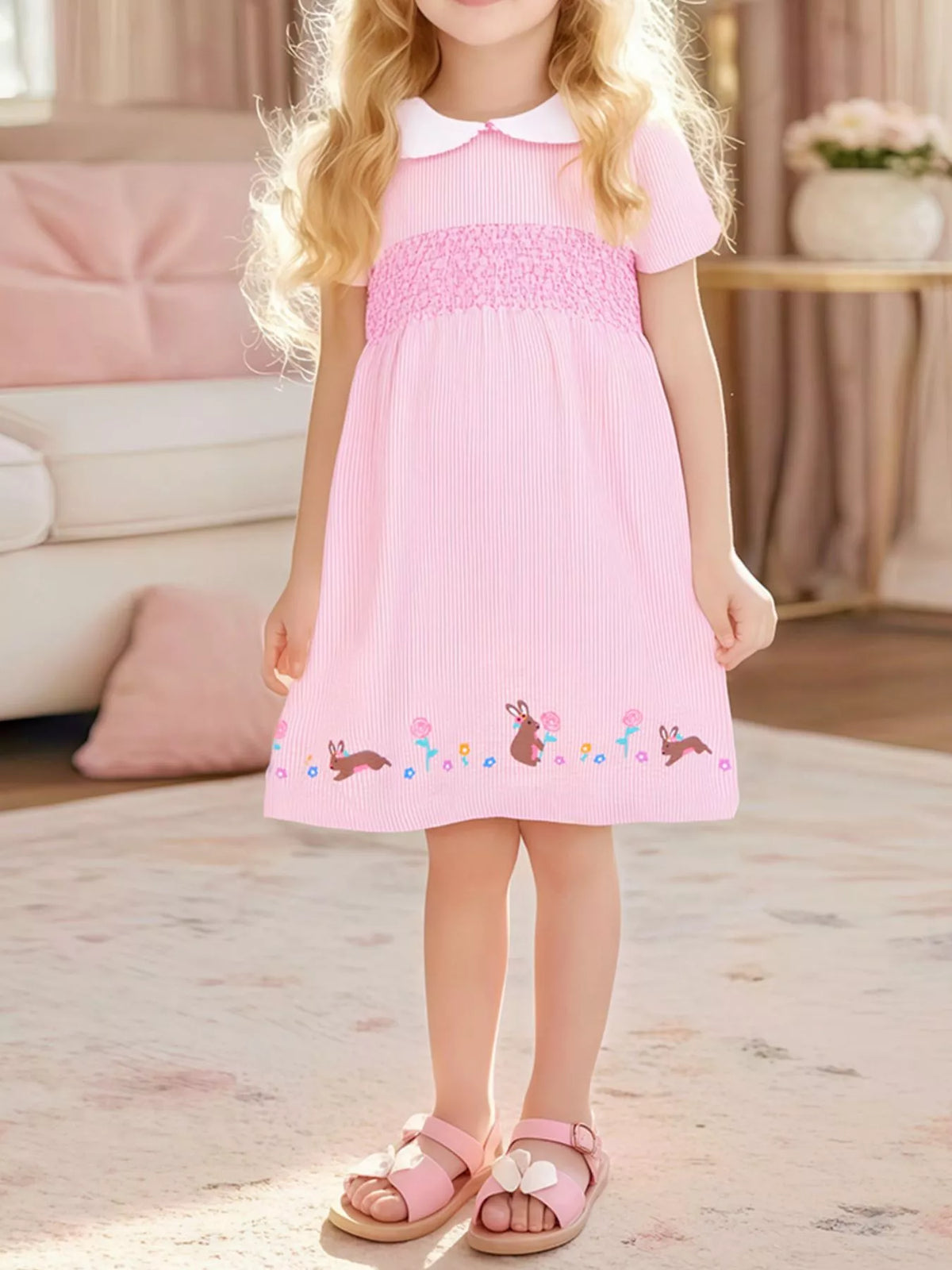 Bunny Embroidered Gingham Smocked Dress — dress worn by a child