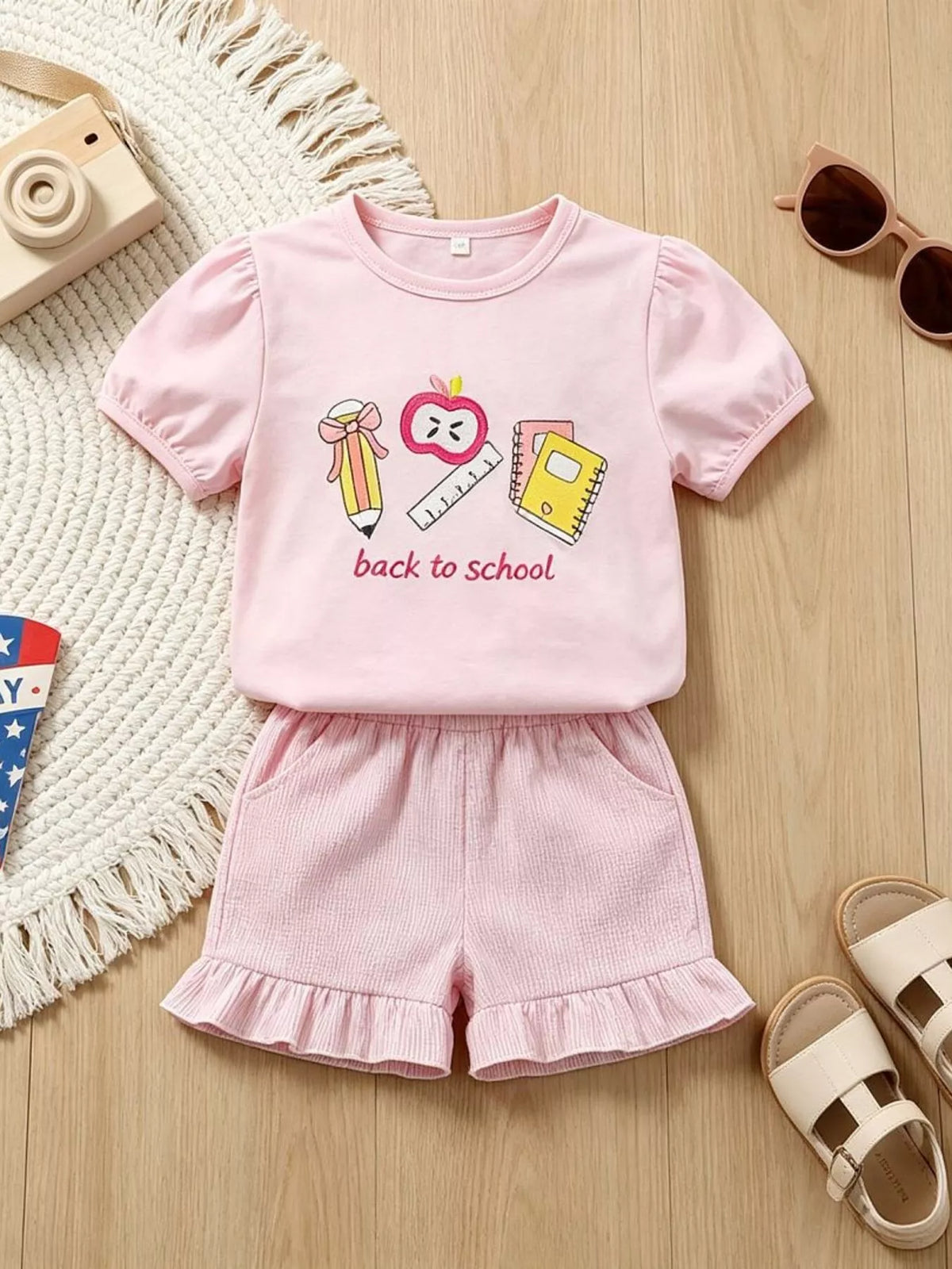 Pink school-graphic puff-sleeve tee with ruffled shorts laid flat