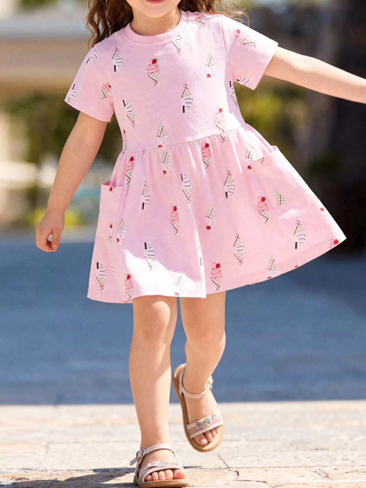 Pink ice-cream-print short-sleeve dress on a child