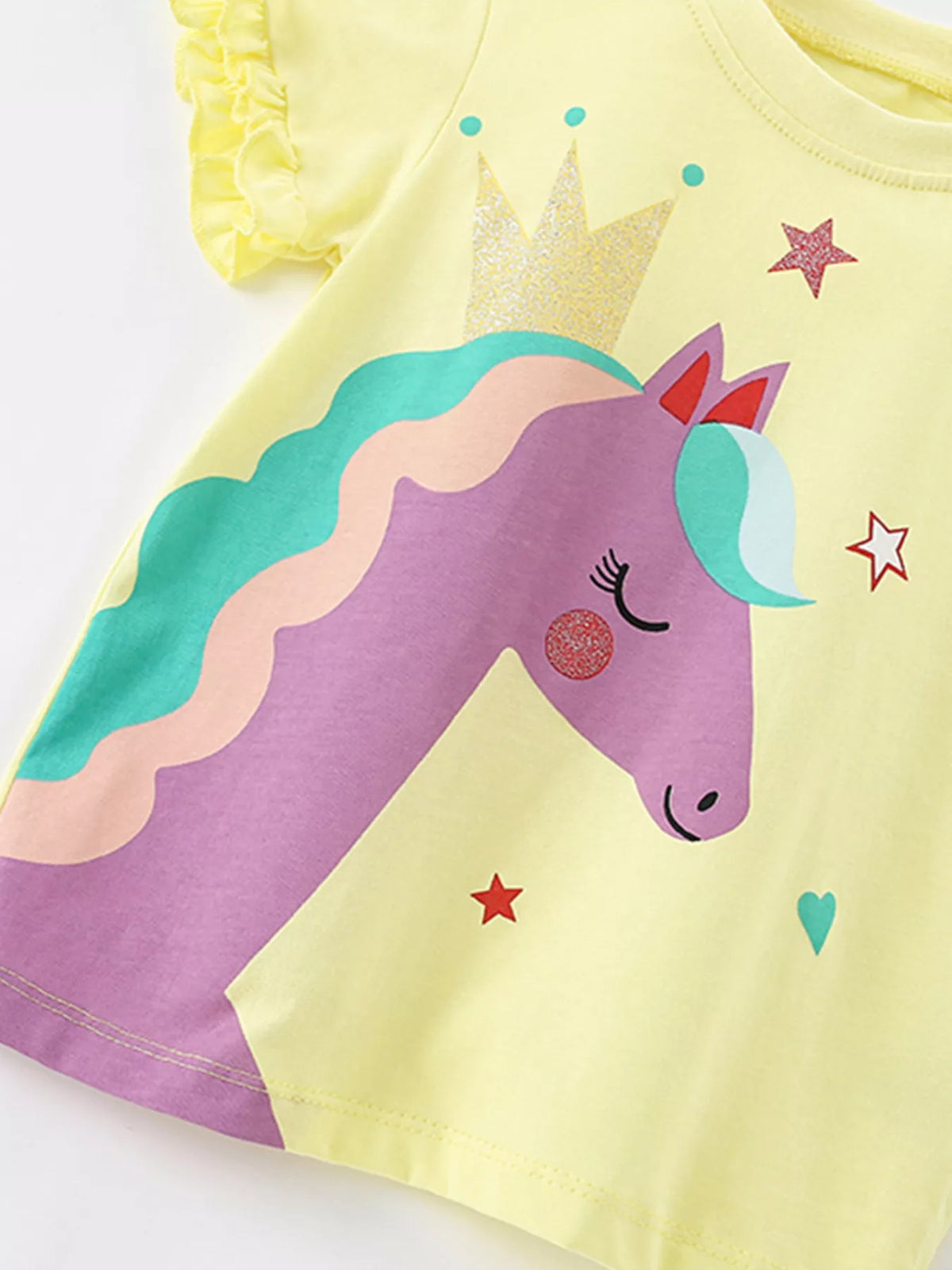 Yellow unicorn graphic ruffle sleeve shirt — purple unicorn with colorful mane and crown