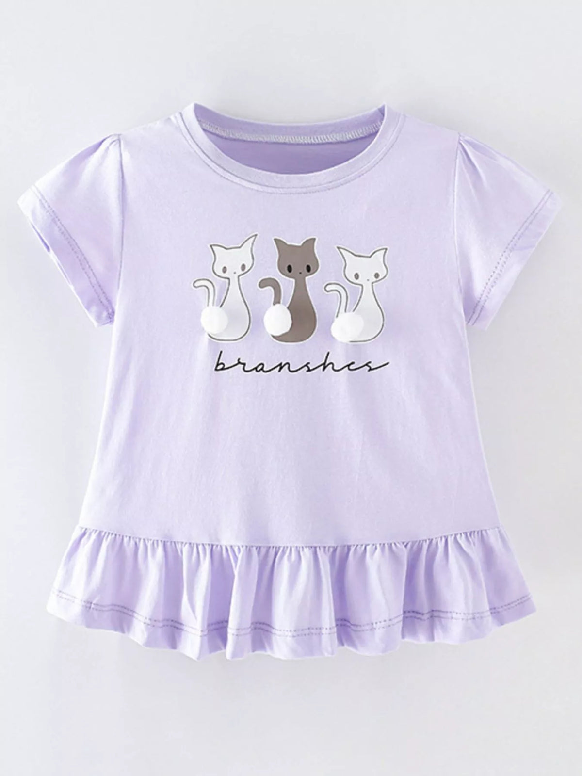 Lavender cat graphic pompom ruffle hem shirt — front