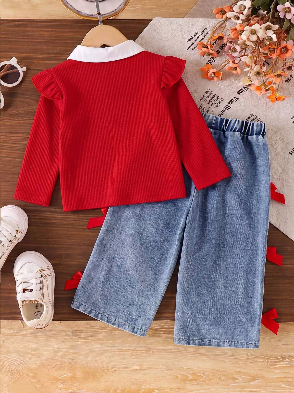Red Bow Sweater and Jeans Set — outfit back view