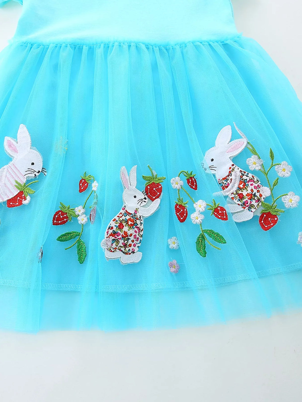 Aqua Bunny Embroidered Tulle Dress — bunny and floral embroidery
