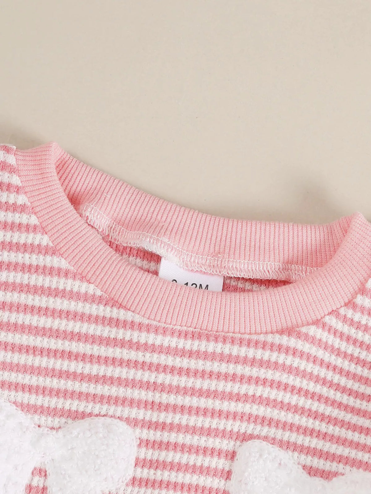Pink striped white bow patch top and pants — round neckline
