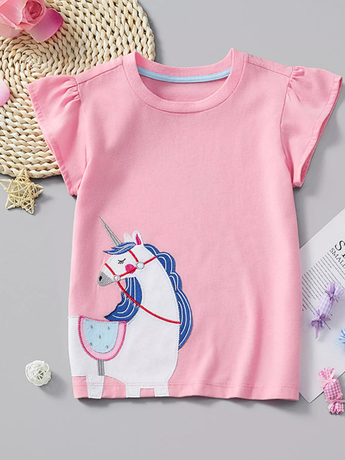 Pink unicorn applique flutter sleeve shirt — front