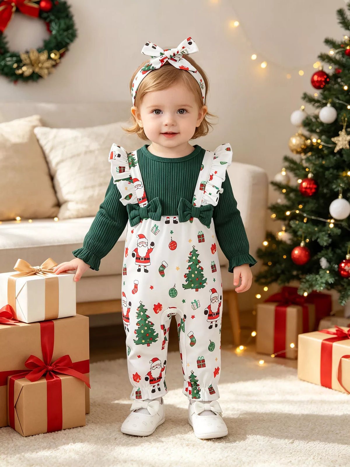 Green ribbed and Santa print jumpsuit set with bow headband — outfit shown standing on baby