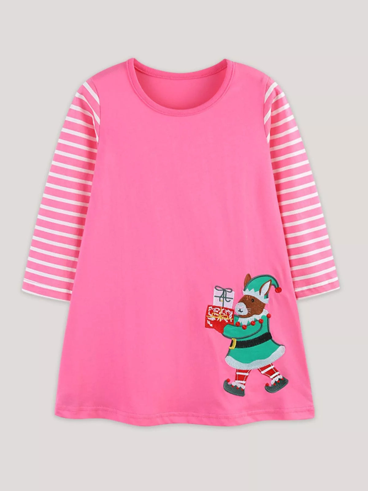 Christmas Elf Embroidered Striped-Sleeve Dress — front view