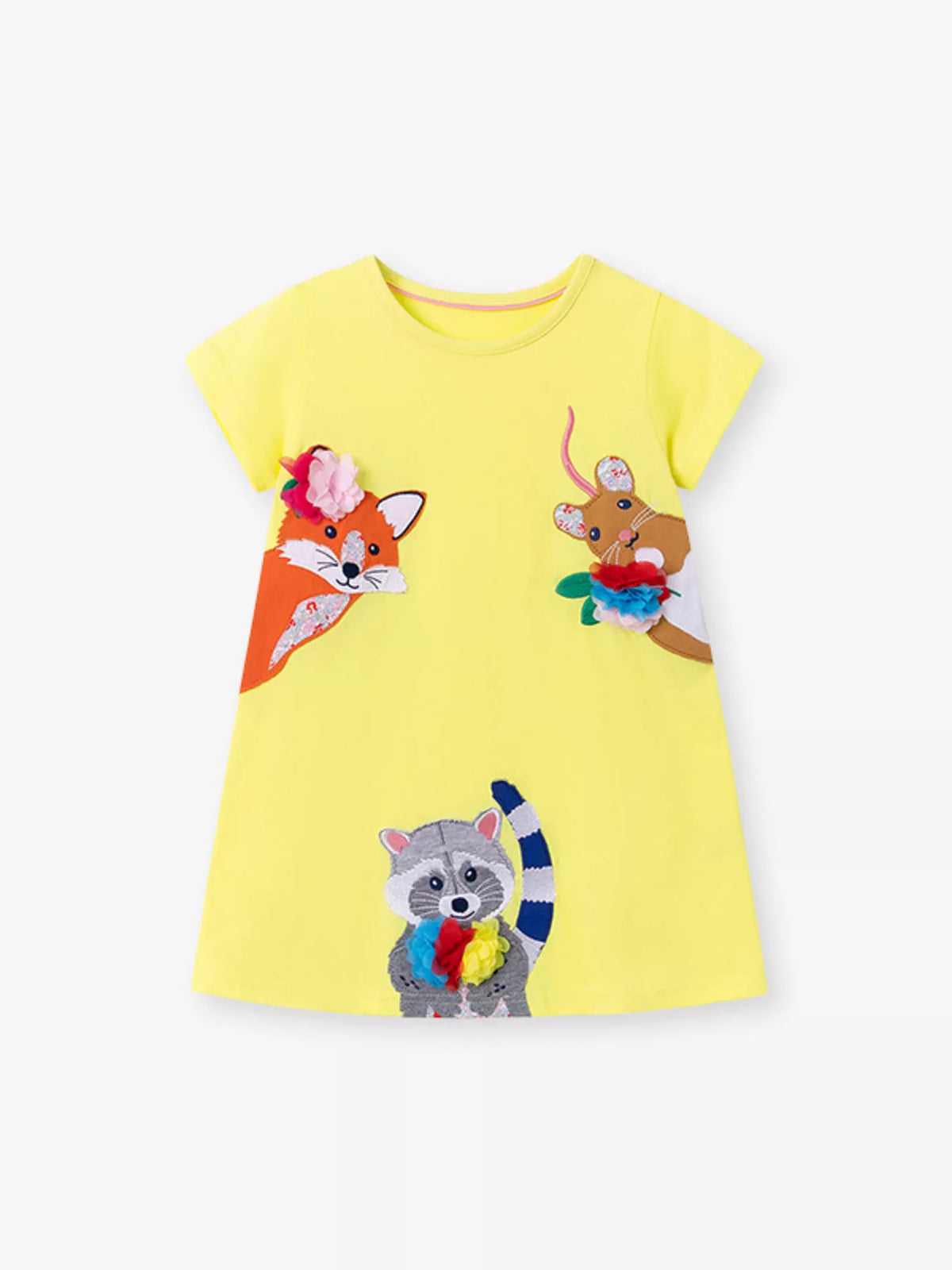 Woodland Animal Applique Cotton Dress — yellow dress front