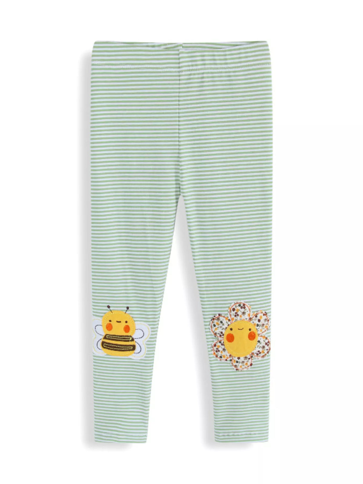 Green striped bee-and-flower applique leggings laid flat