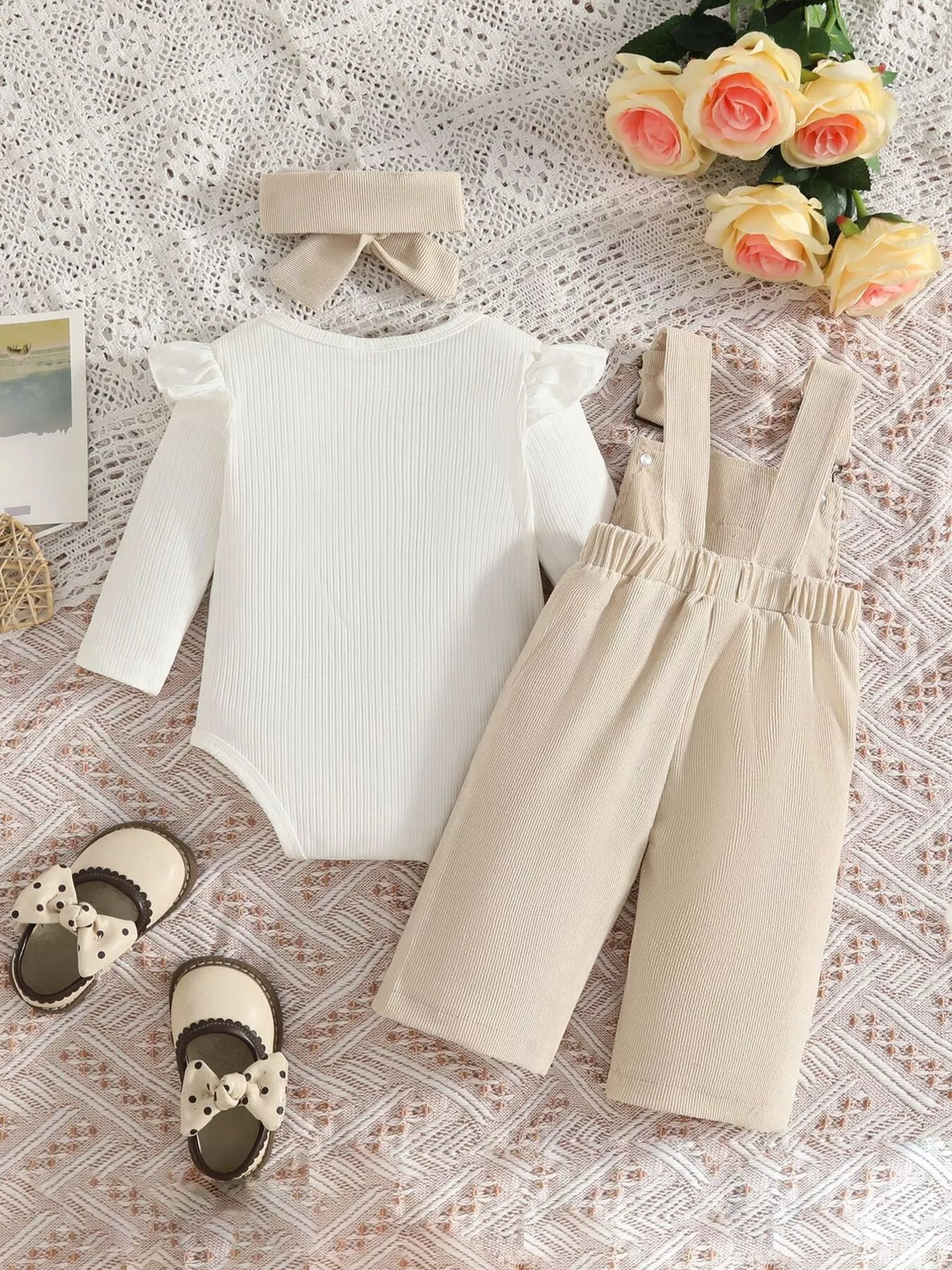 White ribbed bodysuit bow embroidered overalls and headband — apricot overalls back