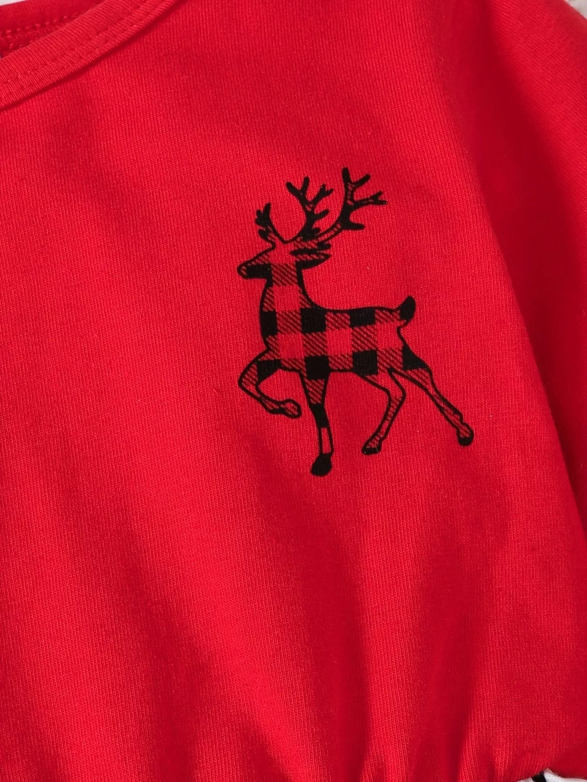Red Christmas reindeer tiered ruffle dress — plaid reindeer on red bodice