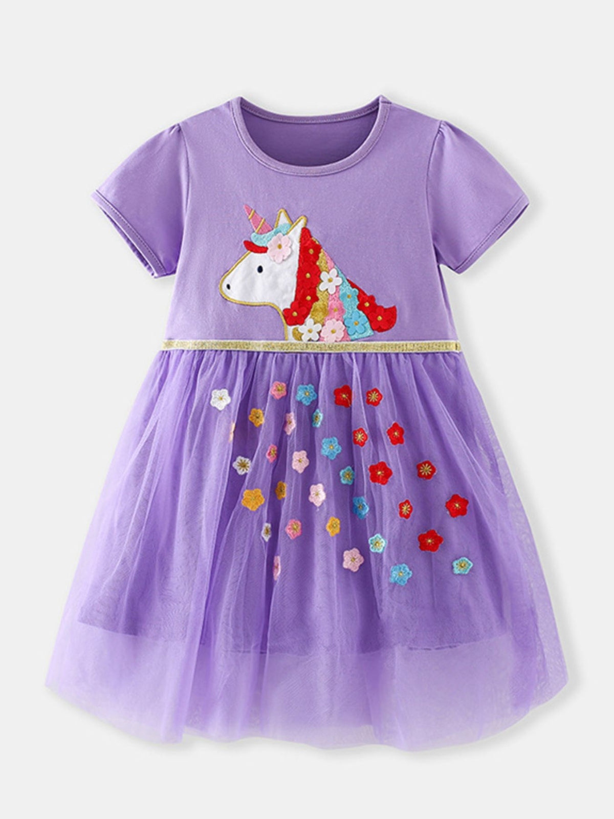 Unicorn and Flower Embroidered Lavender Dress — front view