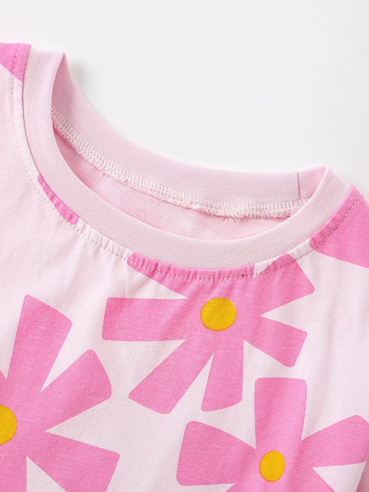 Pink bold flower print shirt — round neckline