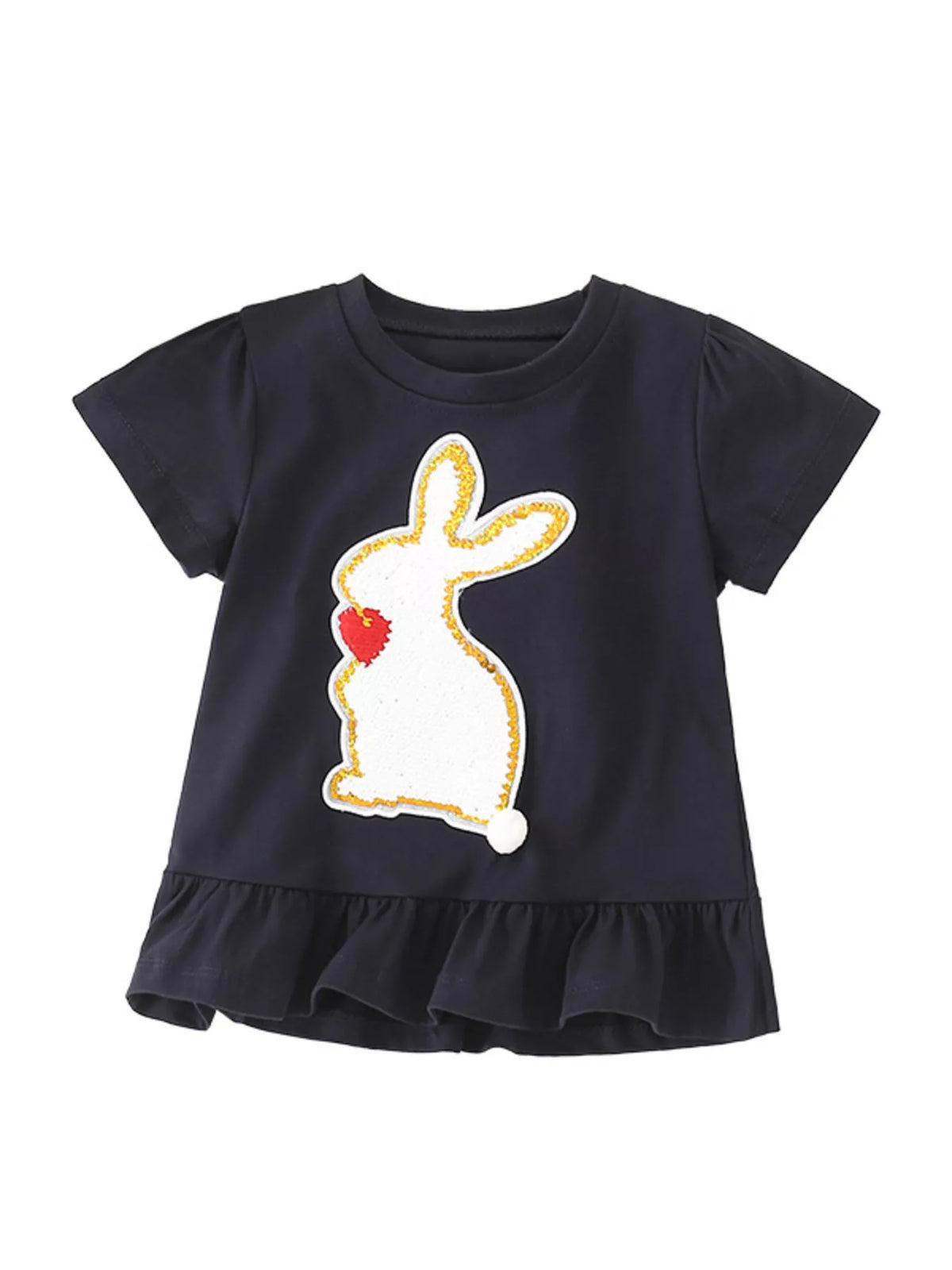 Black sequin rabbit ruffle hem shirt — front