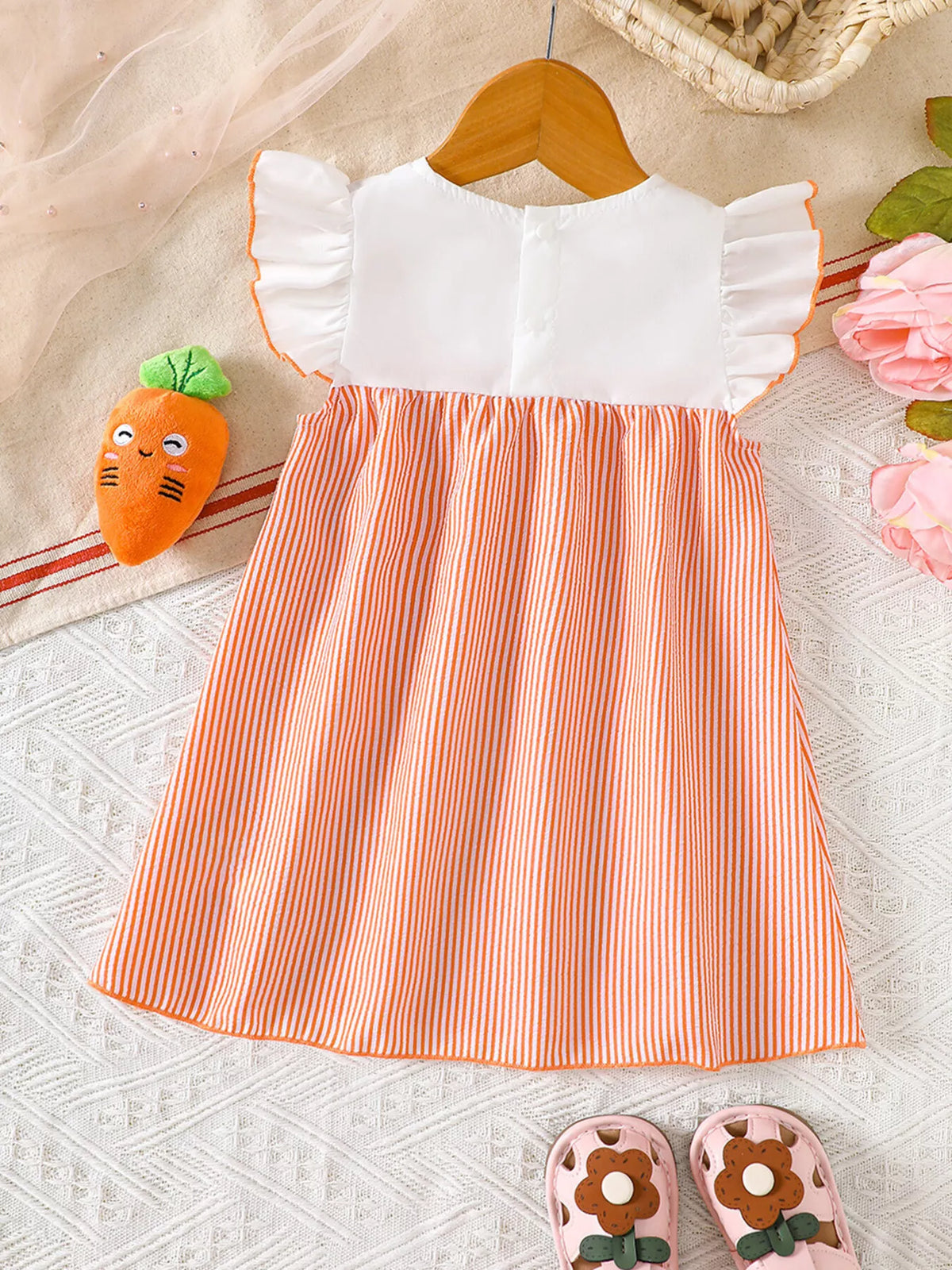 Baby Embroidered Yoke Striped Dress — orange dress back