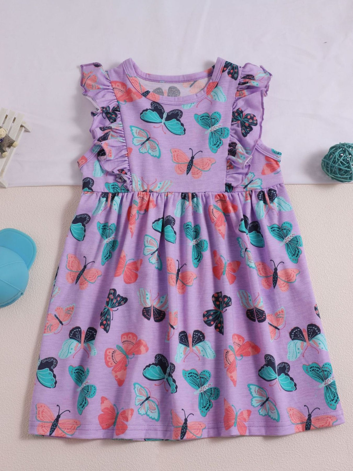 Purple Butterfly Ruffle Sleeve Dress — front hanging view
