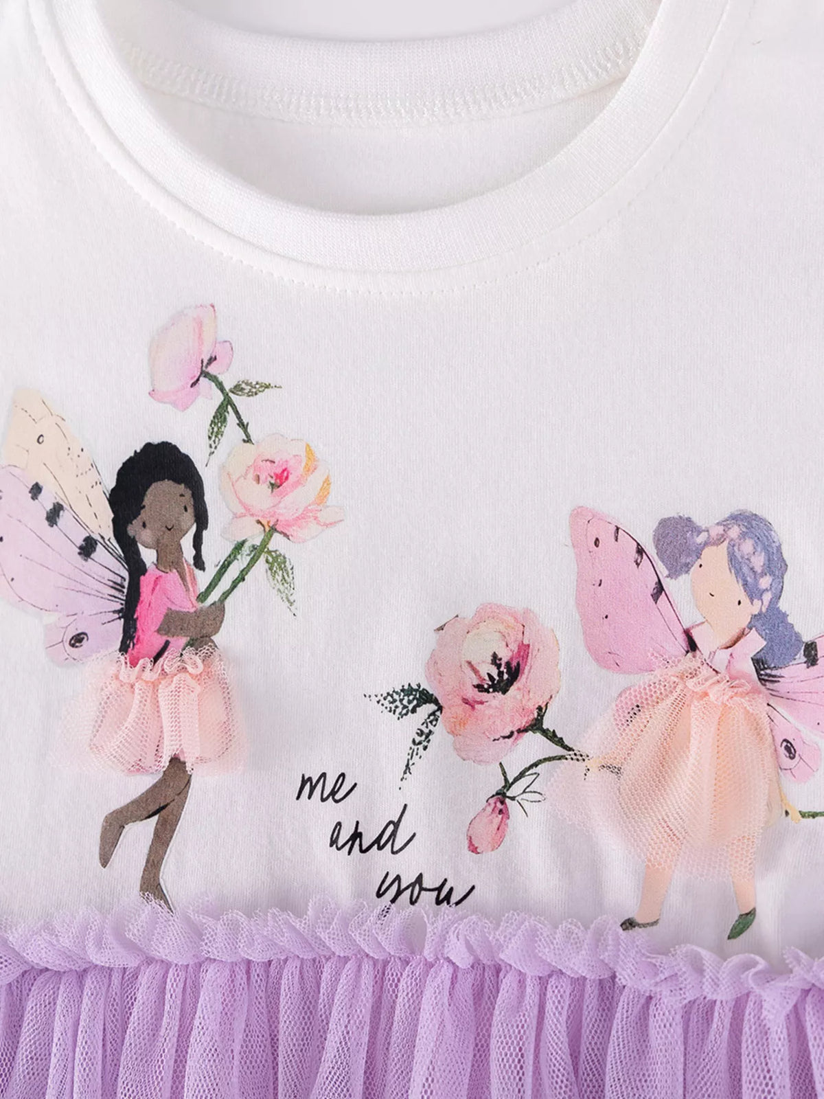 Fairy illustrations and flowers on the white bodice