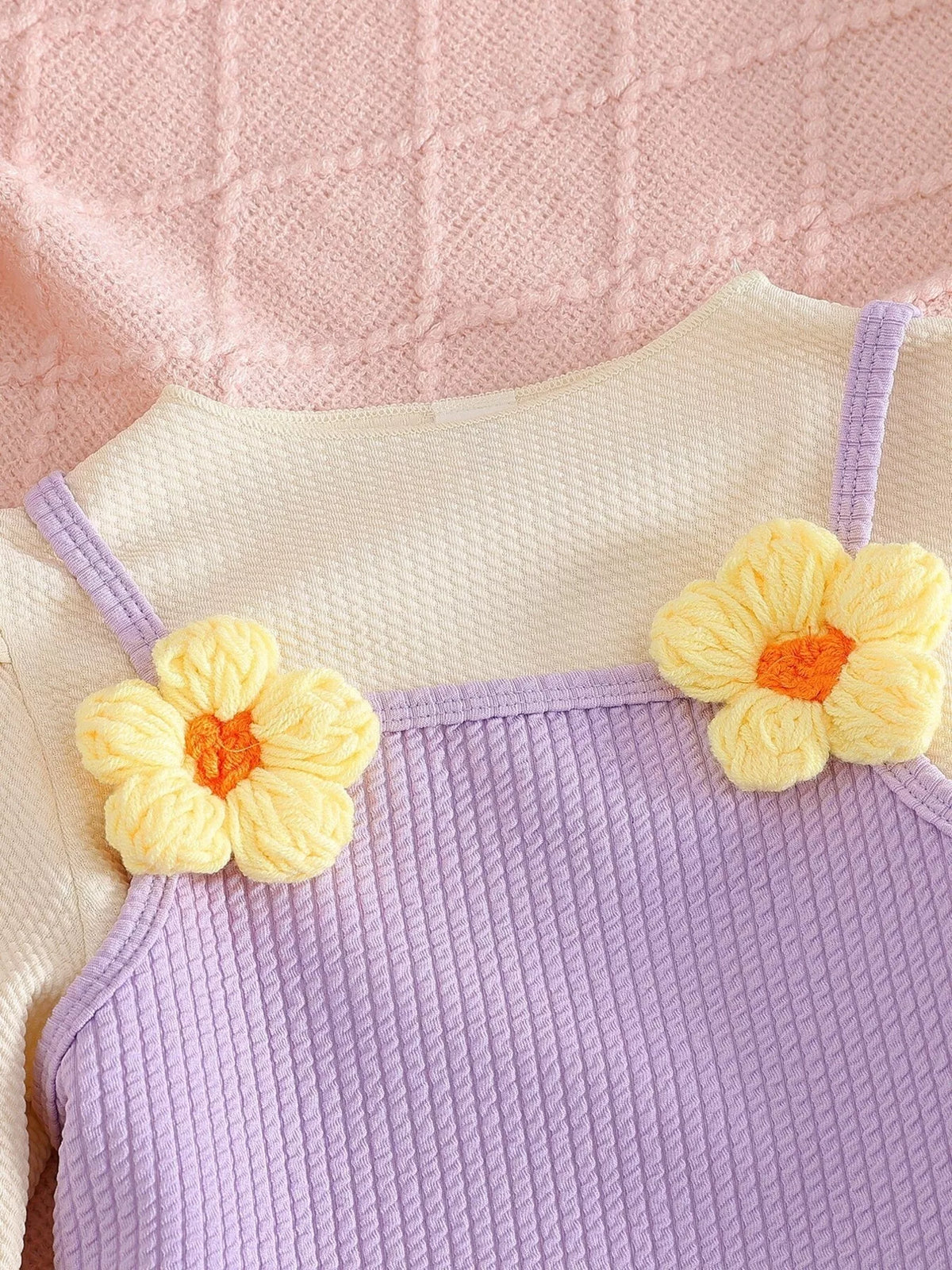 Yellow flower appliques on lavender shoulder straps