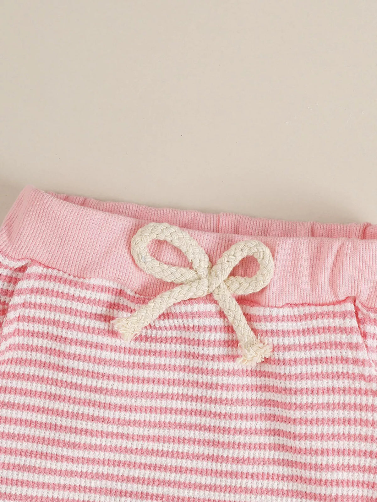 Pink striped white bow patch top and pants — pants drawstring waistband
