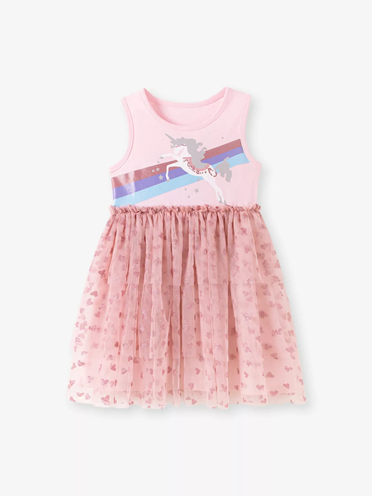 Pink sleeveless unicorn-and-rainbow dress with a heart tulle skirt laid flat
