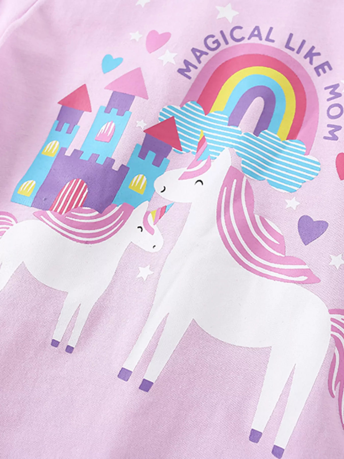 Light pink unicorn castle graphic ruffle hem shirt — unicorn castle and rainbow graphic