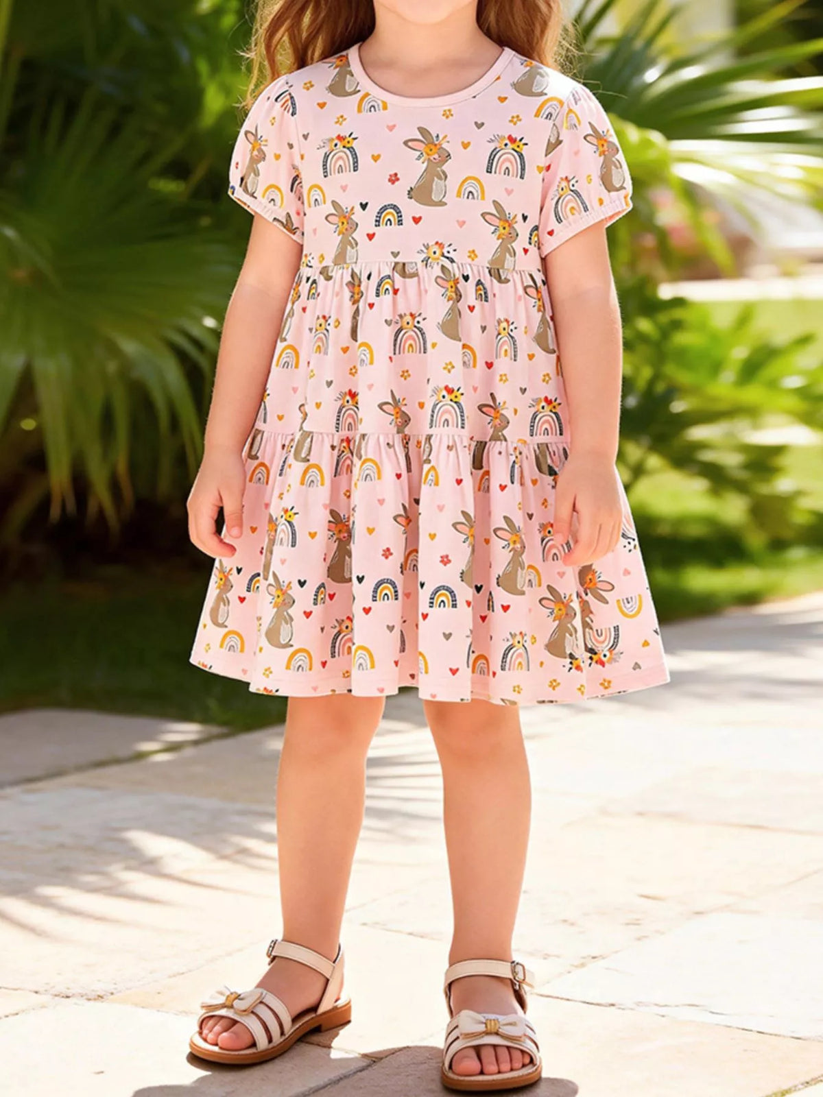 Pink bunny-and-rainbow tiered short-sleeve dress on a child