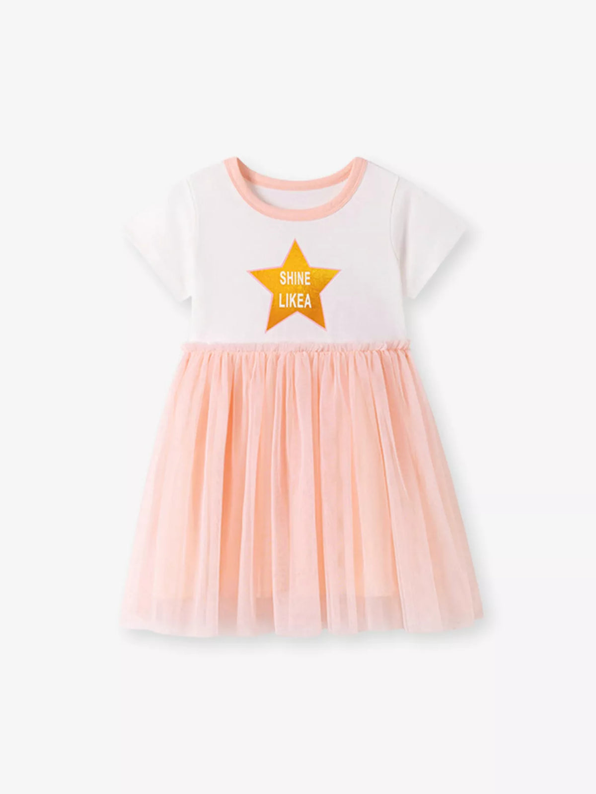 White star-graphic dress with a peach tulle skirt laid flat
