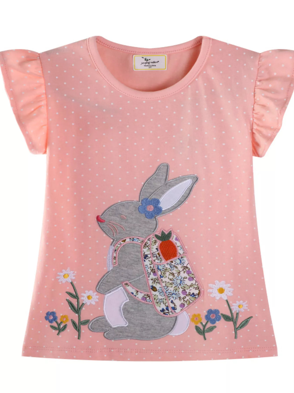 Peach polka dot bunny applique ruffle sleeve top — front