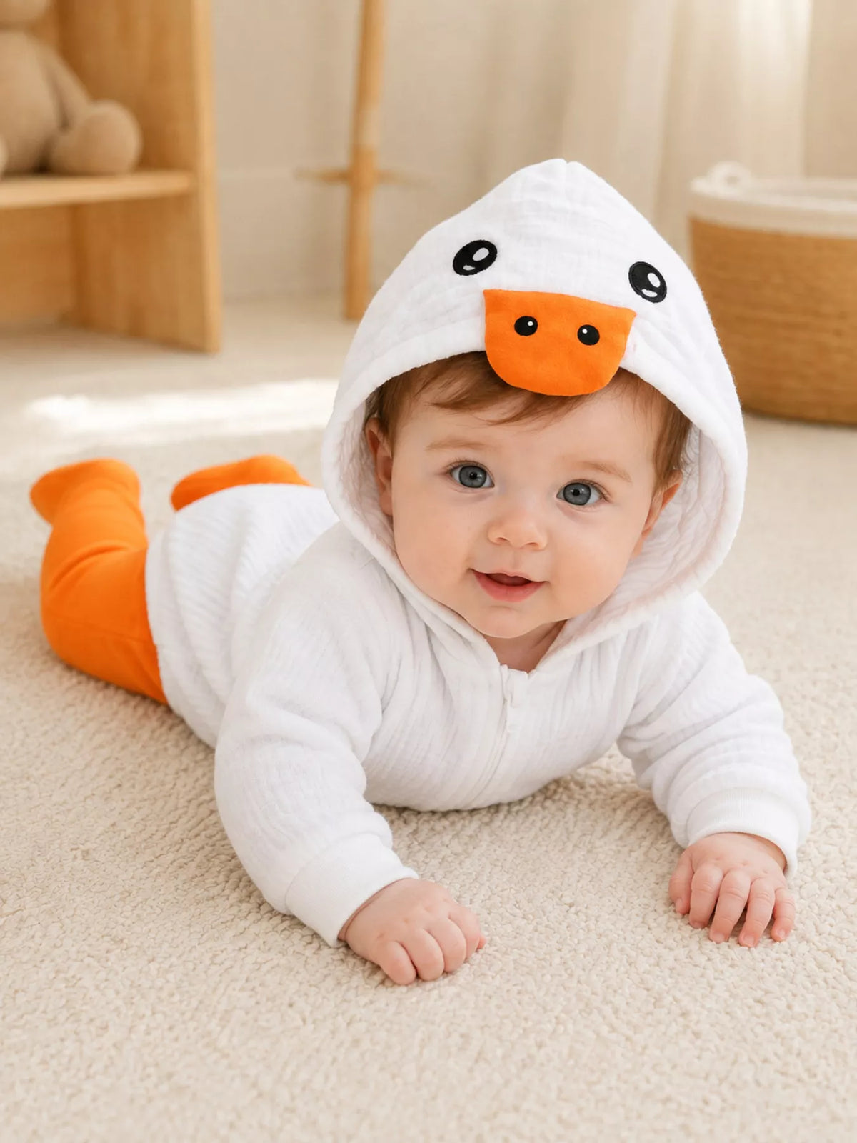Baby Duck Hooded Bodysuit — hooded outfit worn by a baby lying down