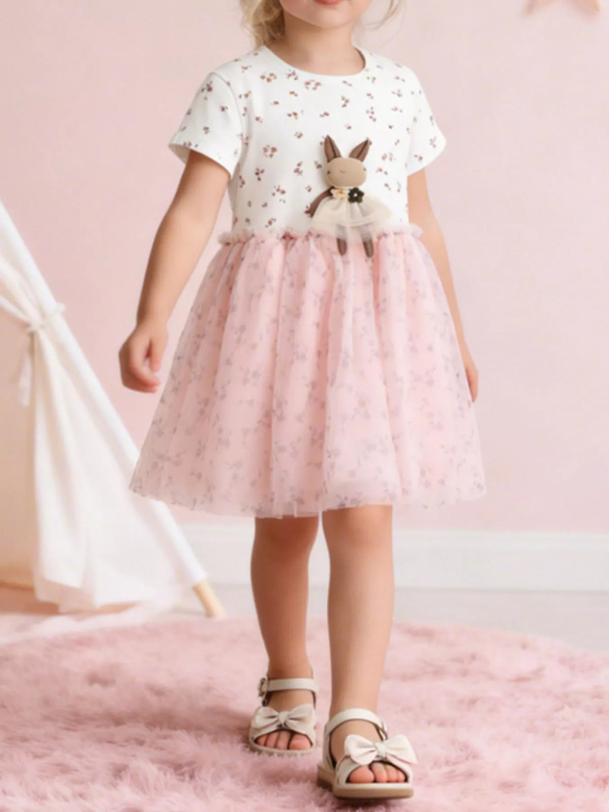 Floral Bunny Applique Tulle Dress — dress worn by a child