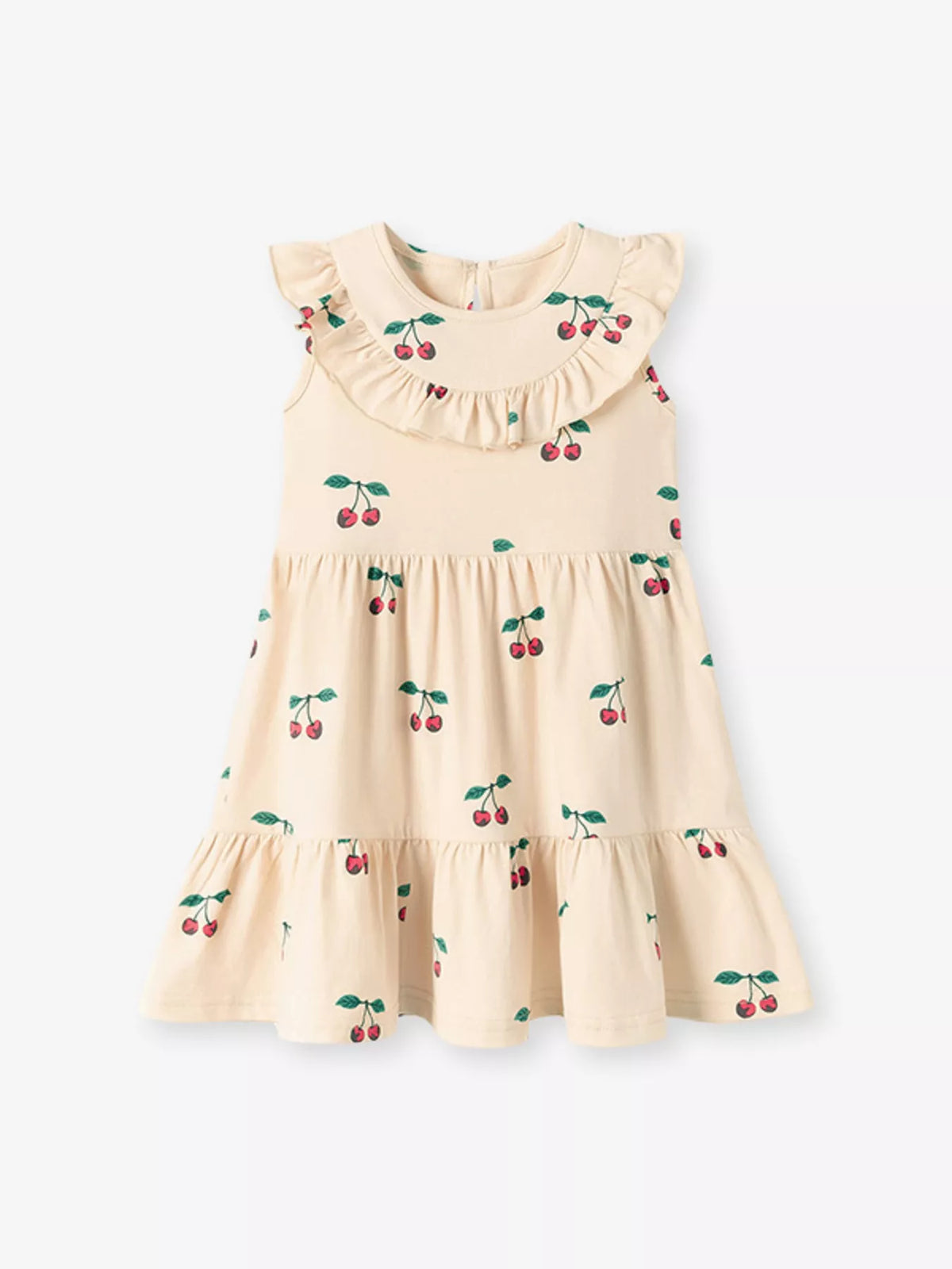 Cream cherry-print sleeveless dress with ruffled trim laid flat