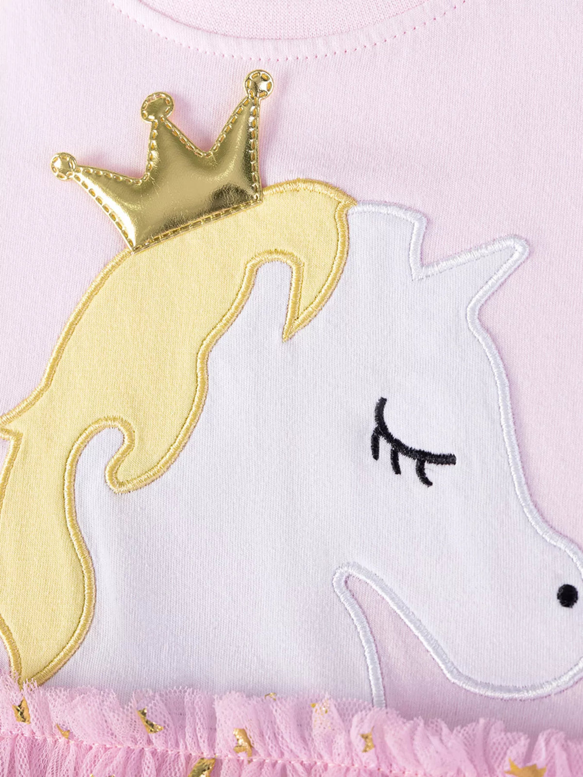 White unicorn head applique with gold mane and crown