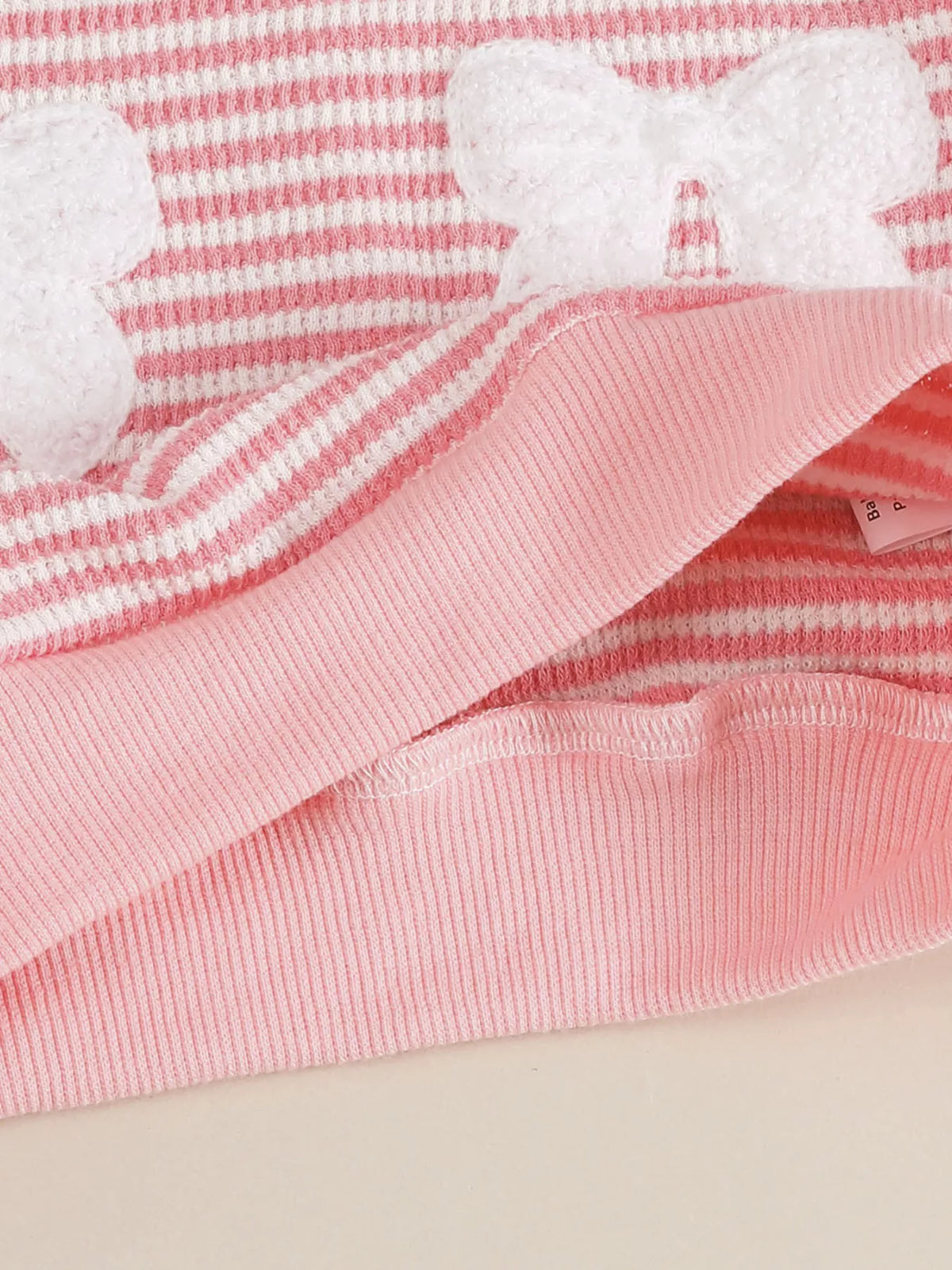 Pink striped white bow patch top and pants — bow patches and ribbed hem